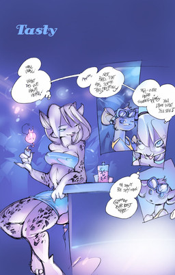 2_tails alcohol alcohol_bottle anthro bar bar_stool beverage beverage_bottle blue_background blue_eyes bottle claws clothed clothing container detailed_background dialogue drinking drinking_alcohol eyewear female flirting fur furniture goggles grey_body hair looking_at_another male markings multi_tail nightclub nipple_outline page_number public shirt simple_background skimpy spots spotted_body spotted_fur stool tail tank_top text tongue tongue_out topwear white_body white_fur white_hair mamabliss arokha canid canine fox mammal mouse murid murine rodent 2006 comic english_text