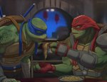 anthro biceps duo food green_body male muscular muscular_anthro muscular_male noodles scales shell tattoo turtle_shell baraturts teenage_mutant_ninja_turtles teenage_mutant_ninja_turtles_(2014) leonardo_(tmnt) raphael_(tmnt) reptile scalie turtle