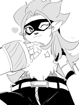 anthro blush bottomwear clothing cybernetics female machine mask mechanical_arm neck_tuft one_eye_closed pants smile solo tuft wink zipper mkz_kabeuchi bandai_namco digimon digimon_beatbreak cyborg digimon_(species) wolvermon 3:4 hi_res monochrome