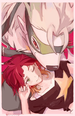 anthro belt blush bottomwear clothing duo female female/female fluffy fluffy_chest fur green_eyes grey_body grey_fur head_on_lap lying mask on_back on_lap pants red_eyes smile kottiedg bandai_namco digimon digimon_beatbreak reina_sakuya digimon_(species) human mammal wolvermon hi_res