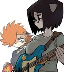 5_fingers anthro bass_guitar big_breasts biped black_clothing black_eyes black_hair black_shirt black_t-shirt black_topwear breast_rest breasts brown_ears brown_eyes choker clothed clothed_anthro clothed_female clothing duo electric_guitar eyelashes eyewear facial_tuft female female_anthro fingernails fingers folded_ears fully_clothed fully_clothed_anthro fully_clothed_female fur glasses grey_body grey_clothing grey_fur grey_shirt grey_t-shirt grey_topwear guitar guitar_strap hair hair_over_eye holding_guitar holding_musical_instrument holding_object humanoid_hands jewelry kemono looking_at_viewer midair mouth_closed multicolored_body multicolored_fur musical_instrument nails neck_tuft necklace one_eye_obstructed orange_hair plantigrade plucked_string_instrument serious shirt short_hair simple_background skinny skinny_anthro skinny_female slim slim_anthro slim_female solo spiky_hair string_instrument t-shirt tail tan_body tongue topwear tuft two_tone_body two_tone_fur wearing_glasses white_background white_body white_clothing white_fur white_sclera shurueder bae_hui_su_(shurueder) choi_gi_da_(shurueder) canid canine canis domestic_dog felid mammal pantherine tiger 2022 digital_drawing_(artwork) digital_media_(artwork) full-length_portrait hi_res portrait shaded soft_shading