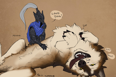 armor belly_rub breath domestic_pet duo female feral fur good_boy male panting simple_background size_difference text tongue tongue_out conditional_dnp fluff-kevlar dark_souls fromsoftware great_grey_wolf_sif knight_artorias canid canine canis mammal wolf 2017 digital_media_(artwork) english_text