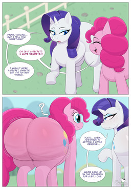 big_butt blue_eyes bodily_fluids butt butt_envy cellulite cutie_mark dialogue duo eyelashes female feral hair high-angle_view horn huge_butt outside pink_body pink_hair pupils purple_hair quadruped question_mark smile speech_bubble sweat tail tail_aside text white_body coffilatte friendship_is_magic hasbro my_little_pony mythology pinkie_pie_(mlp) rarity_(mlp) equid equine mammal mythological_creature mythological_equine unicorn absurd_res comic english_text hi_res