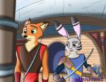 anthro duo male melee_weapon standing sword weapon apheront disney zootopia jack_savage nick_wilde canid canine fox lagomorph leporid mammal rabbit red_fox true_fox absurd_res crossover hi_res