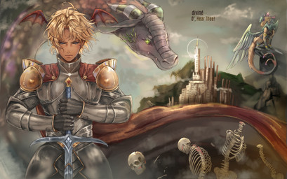 anthro armor blonde_hair bone building cape castle clothing cloud female feral flying group hair light male melee_weapon nature nature_background purple_body skeleton skull sunlight sword trio weapon wings yellow_body unknown_artist mythology o_hear_thee cynthia_(oth) oberon_(oth) roselia_(oth) avian bird dragon humanoid mythological_creature mythological_scalie scalie absurd_res hi_res