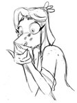 anthro covering covering_mouth eyelashes female fingers hair open_mouth short_hair snout solo bybuckett cavemanon_studios snoot_game bianca_(bybuckett) fan_character dinosaur prehistoric_species reptile scalie 2024 black_and_white low_res monochrome sketch