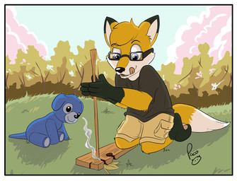 anthro black_clothing black_nose black_shirt black_t-shirt black_topwear blonde_hair blue_eyes blue_sky border bottomwear clothed clothing cloud fur grass hair kneeling male male_anthro open_mouth plant plushie shirt short_hair shorts sky solo t-shirt tan_bottomwear tan_clothing tan_shorts topwear tree white_body white_border white_fur yellow_body yellow_fur young young_anthro young_male pandapaco tj_weaselton canid canine fox mammal
