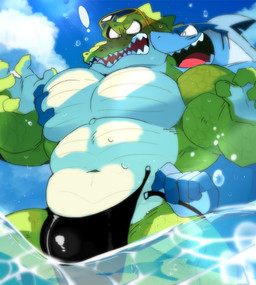 anthro blush bulge clothing duo embarrassed eyewear groping_from_behind male male/male muscular muscular_anthro muscular_male navel pecs sharp_teeth speedo sunglasses swimwear teeth undressing_another water hyaku_(artist) alligator alligatorid aquatic crocodilian fish reptile scalie shark