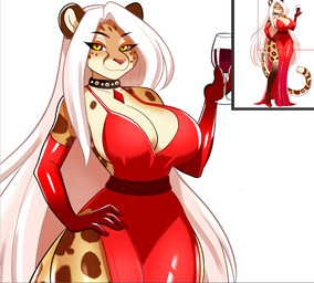 alcohol anthro armwear athletic_wear beverage big_breasts breasts butt clothing container cup drinking_glass elbow_gloves female glass glass_container glass_cup gloves hair handwear long_hair small_waist solo thick_thighs white_hair wide_hips wine wine_glass revkoen felid leopard mammal pantherine