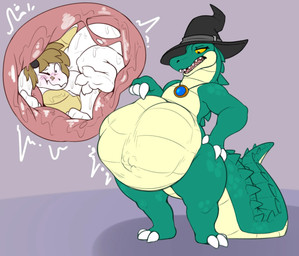 after_vore anthro anthro_pred anthro_prey belly big_belly black_clothing black_hat black_headwear clothing duo female female_pred green_body grey_background hat headgear headwear inside_stomach internal jewelry male male/female necklace simple_background vore white_body boldarts_art mythology crocodilian dragon mythological_creature mythological_scalie reptile scalie 2026 hi_res