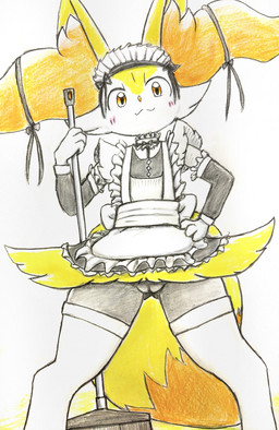 absolute_territory anthro big_ears blush butt butt_from_the_front cheek_blush cheek_tuft clothing facial_tuft female fur genitals hand_on_hip holding_object inner_ear_fluff looking_at_viewer maid_uniform simple_background smile smiling_at_viewer solo standing thick_thighs tuft uniform vulva yellow_body yellow_eyes yellow_fur eiroru third-party_edit nintendo pokemon braixen canid canine fox generation_6_pokemon mammal pokemon_(species) 2025 full-length_portrait hi_res portrait