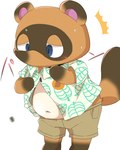 aloha_shirt anthro belly blue_eyes blush bottomwear brown_body brown_fur button_(fastener) button_pop clothing fur male navel overweight pattern_clothing pattern_shirt pattern_topwear shirt shorts solo topwear wardrobe_malfunction izuminmin049 animal_crossing nintendo tom_nook_(animal_crossing) canid canine mammal raccoon_dog tanuki hi_res