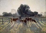1919 20th_century absurd_res ambiguous_gender ancient_art bovid bovine cattle clothed clothing cowboy elioth_gruner farm farmer fence feral formal_art fully_clothed grass group hi_res human male mammal oil_painting_(artwork) outside painting_(artwork) plant rural traditional_media_(artwork) tree