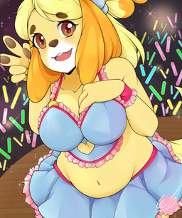 anthro big_breasts blonde_hair blue_bottomwear blue_clothing blue_skirt blue_topwear bottomwear breasts brown_eyes brown_nose cleavage clothed clothing eyelashes female floppy_ears front_view fur gesture hair hand_gesture hand_on_chest looking_at_viewer lop_ears navel on_stage open_mouth pawpads skirt slightly_chubby solo thick_thighs topwear v_sign white_body white_fur wide_hips yellow_body yellow_fur weepinbelly animal_crossing nintendo isabelle_(animal_crossing) canid canine canis domestic_dog mammal shih_tzu toy_dog