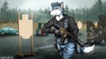 anthro gun looking_at_viewer male pupils ranged_weapon red_pupils rifle solo weapon krahs_tsai canid canine canis mammal wolf amarok_(disambiguation) colored hi_res