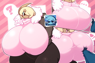 anthro big_breasts blue_clothing blue_hair blue_topwear blush bodily_fluids bottomwear breast_grab breast_squeeze breasts brown_clothing brown_jacket brown_topwear cleavage_outline clothing duo ellipsis exclamation_point female fluffy_hood hair hand_on_breast heart_symbol huge_breasts huge_thighs hyper hyper_breasts hyper_thighs jacket male male/female nervous panel_overlap pants pink_clothing pink_sweater pink_topwear question_mark simple_background smile squeezing sweat sweatdrop sweater tan_body tan_hair thick_thighs tight_clothing topwear wide_hips dewbber nintendo pokemon tusks_the_dewott absol dewott generation_3_pokemon generation_5_pokemon pokemon_(species) 2023 3:2 absurd_res digital_media_(artwork) hi_res