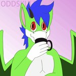 anthro beverage blue_hair bodily_fluids coffee container cup eyes_closed green_body hair humor laugh male red_eyes saliva smile solo oddskull mythology dharsi dragon mythological_creature mythological_scalie scalie 1:1 animated meme short_playtime