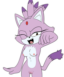 anthro areola black_nose breasts dipstick_tail eyelashes female forehead_gem front_view fur gem genitals markings navel nipples nude one_eye_closed open_mouth pink_areola pink_nipples purple_body purple_fur simple_background solo tail tail_markings thick_thighs vulva white_background white_body white_fur wide_hips yawn cintra_(artist) sega sonic_the_hedgehog_(series) blaze_the_cat domestic_cat felid feline felis mammal hi_res