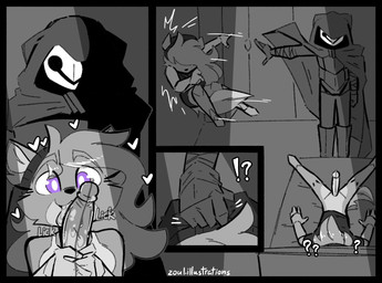 ambiguous_anthro ambiguous_gender anthro bed bottomless bottomless_male breasts cloaked clothed clothed_ambiguous clothed_female clothing crop_top emanata erection fellatio female female_anthro furgonomic_beanie furgonomic_hat furgonomic_headwear furgonomics furniture genitals glans group hat_grab heart_symbol impact_lines licking lying lying_on_bed male male/female male_anthro motion_lines oblivious on_bed onomatopoeia oral penile penis penis_lick sex shadowy_figure shirt sound_effects text thrown tongue tongue_out topwear trio violence white_clothing white_crop_top white_topwear zoul_illustration loco_(zoul_illustration) zoul canid canine canis mammal wolf comic