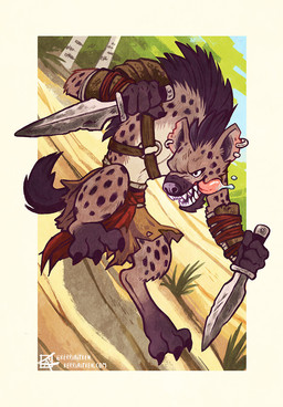 anthro armor bodily_fluids border bracers brown_body brown_fur dagger ear_piercing fangs fur male markings melee_weapon outside pauldron piercing saliva solo spots spotted_body spotted_fur teeth tongue tongue_out weapon white_border kerri_aitken gnoll hyena mammal hi_res