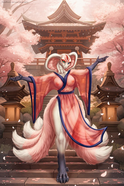 anthro areola barely_visible_breasts barely_visible_genitalia barely_visible_vulva biped blue_stripes breasts cherry_blossom clothing dress female female_anthro flower fluffy genitals heterochromia humanoid_genitalia humanoid_vulva lamp lantern markings nipples non-mammal_breasts non-mammal_nipples petals pink_body pink_clothing pink_dress plant pose prunus_(flower) raised_hands red_markings snake_hood stripes temple translucent translucent_clothing translucent_dress tree vulva walking white_body dead.akira deity reptile scalie snake 2:3