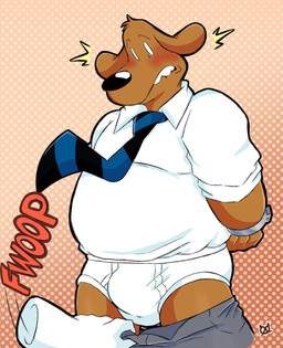 accessory anthro assisted_exposure belly briefs bulge clothing disembodied_hand hands_behind_back male necktie pantsed_male pantsing slightly_chubby solo surprised tighty_whities underwear white_briefs white_clothing white_dress_shirt white_underwear pretzelgremlin sam_and_max samuel_dog canid canine canis domestic_dog mammal absurd_res hi_res