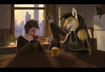 anthro cozy female food group kitchen latex male morning conditional_dnp royz alyx_(latex) canid canine canis felid feline human hybrid lynx mammal wolf