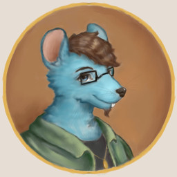 anthro beard blue_body blue_eyes blue_fur brown_hair clothing ears_up eyebrows eyewear facial_hair fur glasses hair jacket jewelry looking_at_viewer male necklace shirt smile smiling_at_viewer solo teeth teeth_showing topwear wearing_glasses whiskers reynard_goodfellow sketchy_mouse mammal mouse murid murine rodent headshot_portrait portrait