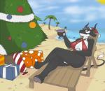 alcohol anthro beach beverage biped chair christmas_tree clothing cocktail female furniture hair holidays hooves horn outside plant seaside sitting smile solo swimwear tree dannyg christmas bovid bovine cattle mammal