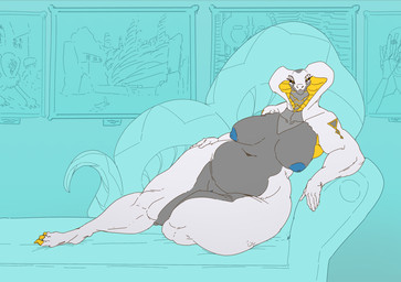 5_fingers anthro barely_visible_genitalia barely_visible_vulva blue_nipples breasts claws female fingers furniture genitals isle_of_the_dead looking_at_viewer lying lying_on_sofa muscular muscular_female museum nipples nude on_side on_sofa overweight painting_(object) pose sofa solo vulva white_body yellow_body aneoope arnold_bocklin h.r._giger zdzislaw_beksinski scp_foundation scp-096 sirrah_(floghtraaki) cobra reptile scalie snake hi_res