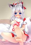 5_toes barefoot blue_eyes blush clothed clothing feet female fur hair humanoid_feet inner_ear_fluff looking_at_viewer pillow plantigrade smile soles solo text text_on_pillow toes tuft white_body white_fur white_hair yes-no_pillow yes_pillow akiaki_fa animal_humanoid canid canid_humanoid canine canine_humanoid fox_humanoid humanoid mammal mammal_humanoid english_text meme