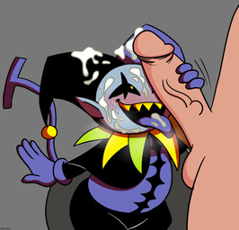:d balls blush bodily_fluids bottomwear cape close-up clothed clothing cum cum_in_mouth cum_inside cum_on_face cum_on_tongue duo erection fellatio genital_fluids genitals gloves grey_background handjob handwear hat headgear headwear heart_eyes heart_symbol human_on_humanoid humanoid_genitalia humanoid_penis humanoid_pointy_ears interspecies jester larger_human larger_male larger_sub licking male male/male male_penetrated male_penetrating male_penetrating_male messy not_furry open_mouth oral orgasm pants penetration penile penis pointy_ears presenting presenting_penis sex sharp_teeth shirt simple_background size_difference smaller_humanoid smaller_male smile solo_focus standing submissive teeth tongue tongue_out topwear vein veiny_penis yellow_eyes kuruko deltarune undertale_(series) jevil_(deltarune) darkner human humanoid imp mammal 2018