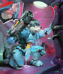 ambiguous_gender anthro armor balls black_nose black_tail blue_armor blue_eyes blush bodily_fluids camera close-up clothing cum cum_drip cum_in_clothing cum_in_pants cum_in_underwear cum_on_ground cum_through_clothing cum_through_pants cum_through_underwear cutaway dripping erection forced forced_orgasm fur futuristic_armor futuristic_gun genital_fluids genitals glans glistening glistening_eyes glistening_nose grey_body grey_fur grey_hair group hair humanoid_genitalia humanoid_penis inner_ear_fluff kneeling laser looking_up male male/ambiguous motion_lines open_mouth orgasm penis pink_glans pink_penis solo_focus tail tuft underwear weapon wet wet_clothing wet_underwear white_balls white_body white_fur white_inner_ear_fluff oselotti kyash-tyur canid canine canis mammal wolf hi_res