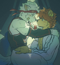 anthro biceps blush bodily_fluids clothed clothing dripping duo erection eye_contact fur genital_fluids genitals green_eyes hair humanoid_genitalia humanoid_penis jacket looking_at_another male male/male mostly_nude muscular muscular_male open_clothing open_jacket open_topwear orange_body orange_eyes orange_fur penis precum precum_drip shirt sweat tank_top topwear white_body white_fur cyclic_cyan elysium_above dong_xuan canid canine canis domestic_dog felid lion mammal pantherine hi_res