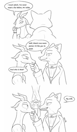 anthro clothed clothing dialogue fangs female simple_background teeth text white_background tggeko disney zootopia judy_hopps nick_wilde bovid canid canine caprine fox goat ibex lagomorph leporid mammal rabbit red_fox true_fox vampire 2016 black_and_white english_text hi_res monochrome signature