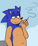 5_fingers anthro black_eyes black_nose blue_body blue_eyebrows blue_fur blue_sky cigarette cigarette_smoke closed_frown cloud eyebrows featureless_chest fingers frown fur half-closed_eyes holding_cigarette holding_object leaning_on_rock male male_anthro mouth_closed multicolored_body narrowed_eyes navel nude_anthro nude_male outside rock sky smoke solo tan_body tan_inner_ear tan_skin two_tone_body beastofeuthanasia sega sonic_the_hedgehog_(series) sonic_the_hedgehog eulipotyphlan hedgehog mammal 2025 colored digital_drawing_(artwork) digital_media_(artwork) english_description half-length_portrait portrait shaded simple_shading