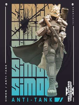 anthro armor background_text band-aid bandage boots cape clothing explosives footwear furgonomics gauntlets gloves grenade gun hair handwear heterochromia holding_object holding_weapon male poster_design ranged_weapon shoes solo weapon cosmuspicklus cosmuspicklus_(modeler) helldivers simon_(killercanid) canid canine canis domestic_dog mammal spitz yakutian_laika hi_res