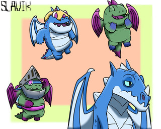 anthro armor belly blue_body bored green_body group happy male purple_body surprised young slavik. clash_of_clans clash_royale mythology supercell_(company) baby_dragon_(clash_roayle) electro_dragon_(clash_of_clans) electro_dragon_(clash_royale) inferno_dragon_(clash_royale) dragon mythological_creature mythological_scalie scalie 5:4 hi_res