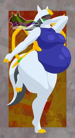 anthro belly big_belly blush breasts clothing female gold_accessory golden_claws latex_swimsuit multicolored_body nude on_one_leg pregnant pregnant_female raised_arm raised_leg red_eyes simple_background smile solo standing swimwear tail text white_body arceus_tummy nintendo pokemon arceus equid equine generation_4_pokemon horse legendary_pokemon mammal pokemon_(species) absurd_res english_text hi_res lineless