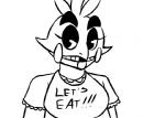 anthro bib female half-closed_eyes looking_at_viewer machine narrowed_eyes simple_background solo text white_background inkyfrog five_nights_at_freddy's scottgames chica_(fnaf) animatronic avian bird chicken galliform gallus_(genus) phasianid robot 2015 animated black_and_white english_text monochrome short_playtime