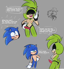 anthro areola blue_body blue_fur blush breasts butt clothing crossed_arms dialogue duo ear_piercing female fur gloves hair half-closed_eyes handwear kissing male male/female narrowed_eyes navel nipples nude open_mouth piercing seductive simple_background smile speech_bubble standing strapon tail teeth text wearing_strapon worried worried_face miguel_layme idw_publishing sega sonic_the_hedgehog_(comics) sonic_the_hedgehog_(idw) sonic_the_hedgehog_(series) sonic_the_hedgehog surge_the_tenrec afrosoricid eulipotyphlan hedgehog mammal tenrec digital_media_(artwork) english_text hi_res
