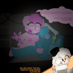 anthro bite_mark blood bodily_fluids bottomless breasts caught_in_the_act closet closet_sex clothed clothing coat coat_only cum cum_on_self dark_room dialogue duo exposed_breasts eyewear female female/female fur genital_fluids gills glasses male nosebleed pawpads pink_body pink_fur saliva saliva_string speech_bubble topwear topwear_only wearing_glasses white_body white_fur crystal_isabee amphibian aquatic axolotl bear canid canine mammal mole_salamander salamander hi_res
