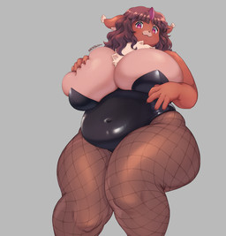 1_horn anthro big_breasts breasts brown_body brown_fur brown_hair bunny_costume clothing costume female fishnet_clothing fishnet_legwear fluffy front_view fur grey_background hair horn huge_breasts huge_thighs kemono latex latex_clothing legwear neck_tuft overweight overweight_anthro overweight_female pink_eyes red_body red_fur simple_background solo suit thick_thighs tuft nekowyn mari_(traumerei) chinchilla chinchillid hybrid mammal rodent absurd_res hi_res