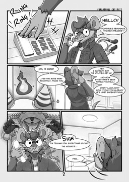 anthro clothed clothing dialogue electronics eyewear furniture glasses greeting inside phone phone_call sofa text wearing_glasses skylosminkan domestic_cat felid feline felis mammal murid murine rat rodent comic english_text hi_res monochrome