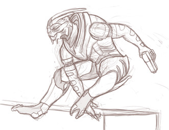 2_toes action_pose ambiguous_gender anthro armor clothed clothed_anthro clothing feet front_view fully_clothed fully_clothed_anthro gun handgun holding_gun holding_handgun holding_object holding_pistol holding_ranged_weapon holding_weapon mouth_closed pistol pose ranged_weapon solo toes weapon deriaz bioware electronic_arts mass_effect alien turian 2013 digital_drawing_(artwork) digital_media_(artwork) monochrome sepia sketch