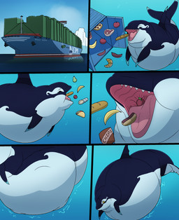 ambiguous_gender apple banana belly belly_expansion big_belly black_body black_fin boat bread cargo_ship croississant dolphin_tail dorsal_fin eating expansion feral fin food fruit hot_dog huge_belly meat merchant_ship open_mouth pear pizza plant sausage ship solo stuffing taco vehicle watercraft white_belly yellow_eyes dolphinproject chip aquatic cetacean dolphin mammal oceanic_dolphin orca toothed_whale 2025 comic hi_res