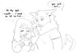 2023 anthro apollo_(cherrikissu) bodily_fluids breasts canid canine canis cherrikissu clothed clothing dialogue domestic_dog duo ear_piercing english_text eyebrows female fingers gauged_ear hair hunting_dog long_hair mabel_(cherrikissu) male mammal mature_anthro mature_female monochrome open_mouth piercing saluki sighthound speech_bubble sweat sweatdrop sweater tail tail_motion tailwag tears text topwear wolf