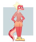 anthro blonde_hair bottomwear clothing female hair red_body shorts solo arkeus amphibia_(series) disney general_yunan amphibian newt salamander 2021 hi_res