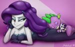 blue_eyes breasts butt cleavage clothed clothing duo female gloves hair handwear lying plushie pose purple_hair sleeping strebiskunk equestria_girls friendship_is_magic hasbro my_little_pony mythology rarity_(eg) spike_(mlp) dragon human mammal mythological_creature mythological_scalie scalie