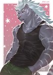 anthro biceps bottomwear clothing fur male muscular muscular_anthro muscular_male pecs shirt simple_background solo tank_top topwear sky_gomi felid mammal pantherine hi_res